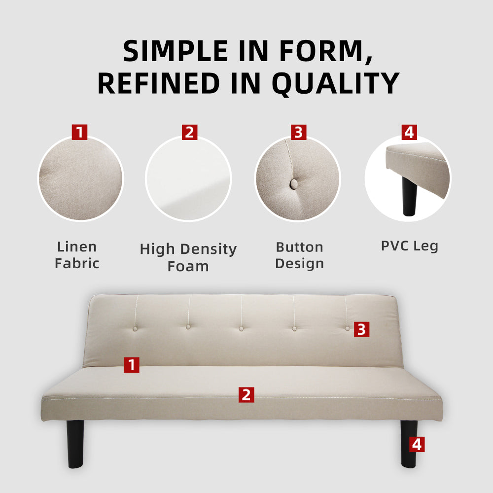 3 Seater Linen Fabric Foldable Sofa Bed - Clay
