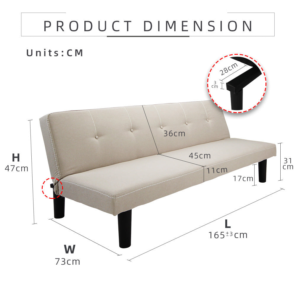 3 Seater Linen Fabric Foldable Sofa Bed - Clay