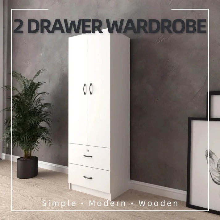 2 Door Wardrobe with 2 Drawer  / White Colour (L60cm x W41cm x H179cm)