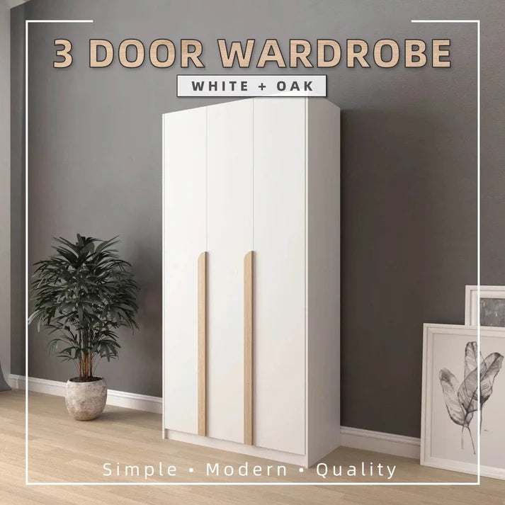 3 Door Wardrobe With Hanging Rod / White Colour (L90.2cm x W40cm x H182cm)