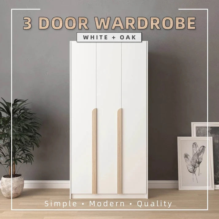 3 Door Wardrobe With Hanging Rod / White Colour (L90.2cm x W40cm x H182cm)