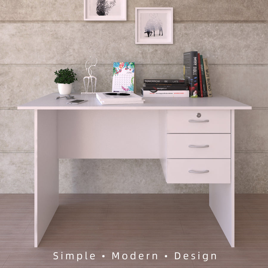 4FT Writing Table Solid Board with 1 Locker + 2 Drawers White (120CM x 60CM x 75CM)