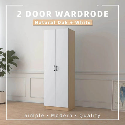 2 Door Wardrobe with Hanging Rod / Natural Oak + White Colour (L60cm x W41.5cm x H179.2cm)