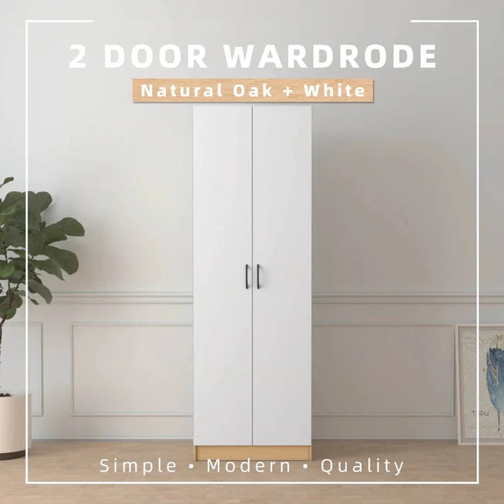 2 Door Wardrobe with Hanging Rod / Natural Oak + White Colour (L60cm x W41.5cm x H179.2cm)