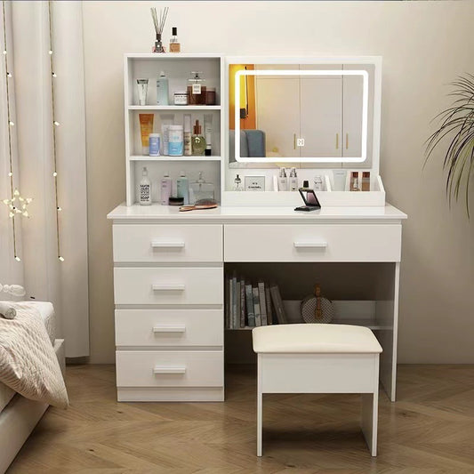 Multi-Drawer Mirrored Bedroom Multifunctional Dressing Table White (90*40*132cm)