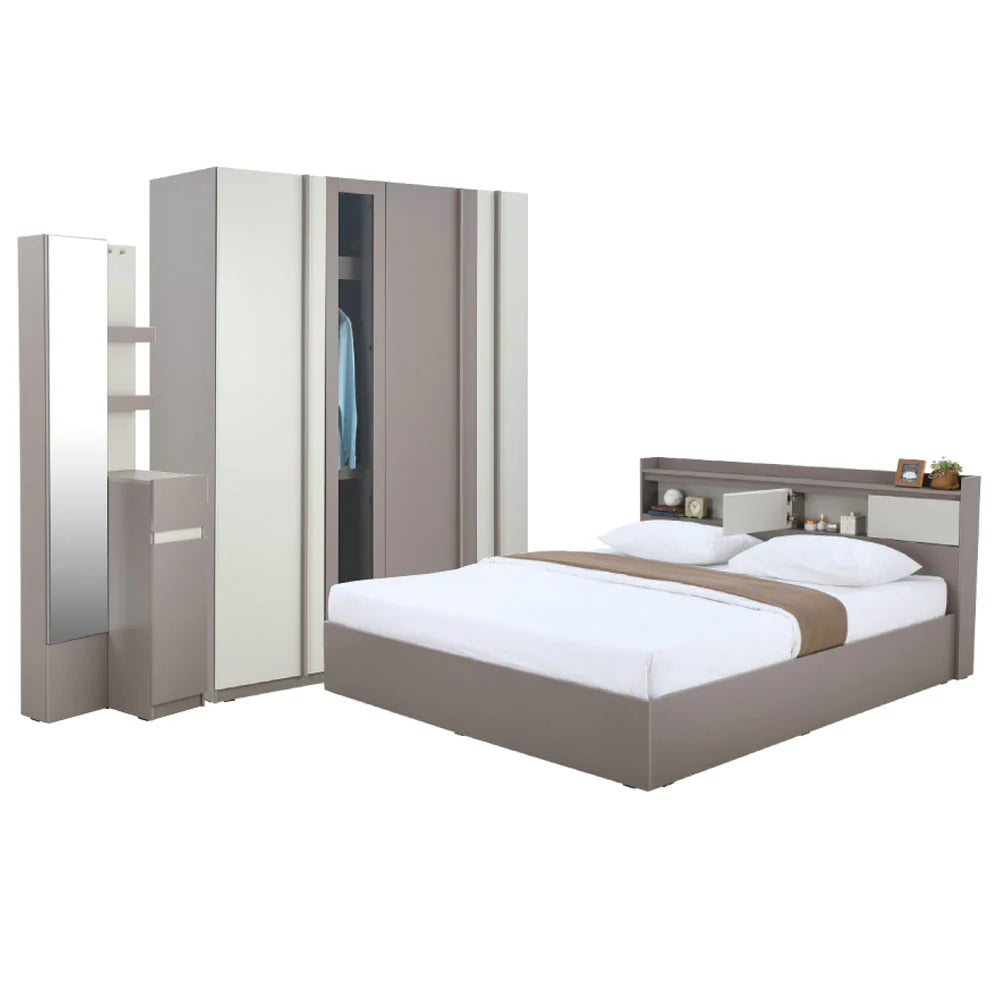 MUNICH Bedroom Set 5 ft. (Bed, 4D.Wardrobe, D.Table) - Ovaltine / Sand Stone