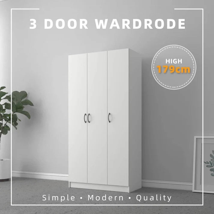 3 Door Wardrobe  (179cm)/ White Colour (L90cm x W42cm x H179cm)