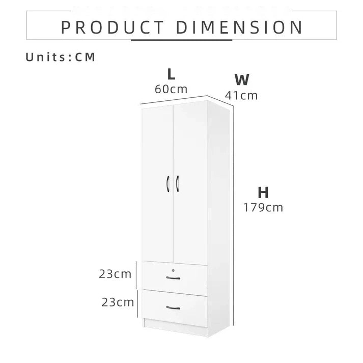 2 Door Wardrobe with 2 Drawer  / White Colour (L60cm x W41cm x H179cm)
