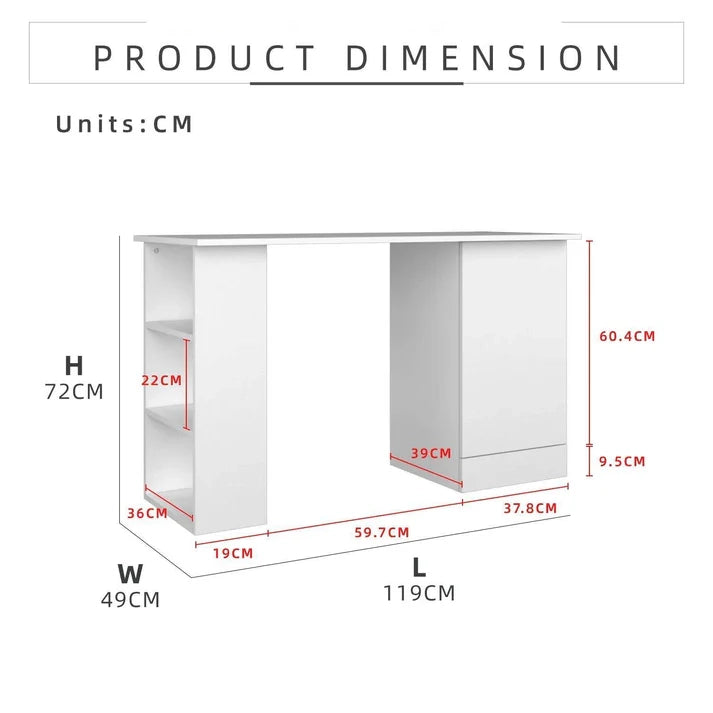 3.9FT study Desk Writing Table Office Table White (L119cm x W49cm x H75cm)