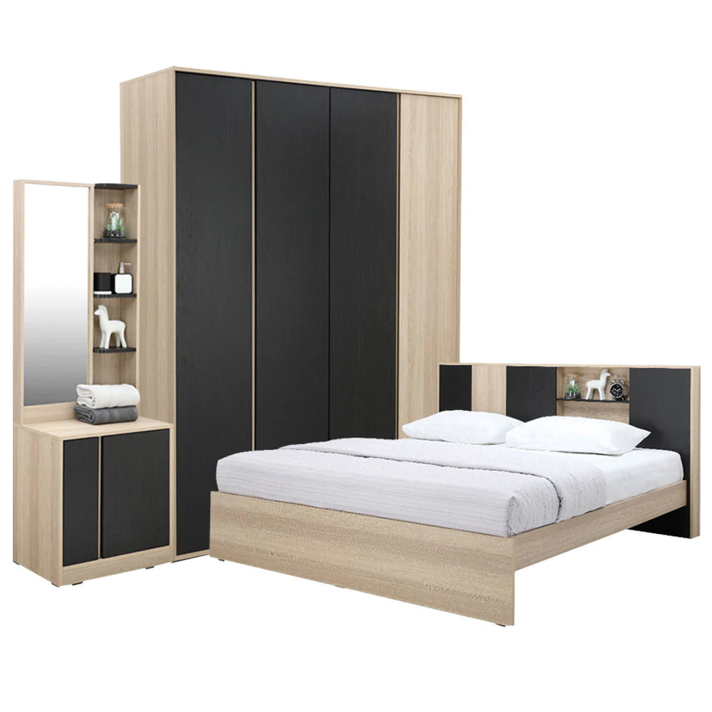 ROTTERDAM Bedroom Set 5 ft. (Bed, 4 Doors Wardrobe, Dressing Table) - Lurbana Oak