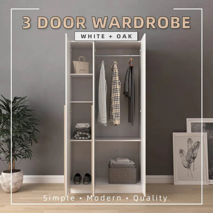 3 Door Wardrobe With Hanging Rod / White Colour (L90.2cm x W40cm x H182cm)