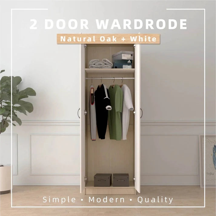 2 Door Wardrobe with Hanging Rod / Natural Oak + White Colour (L60cm x W41.5cm x H179.2cm)