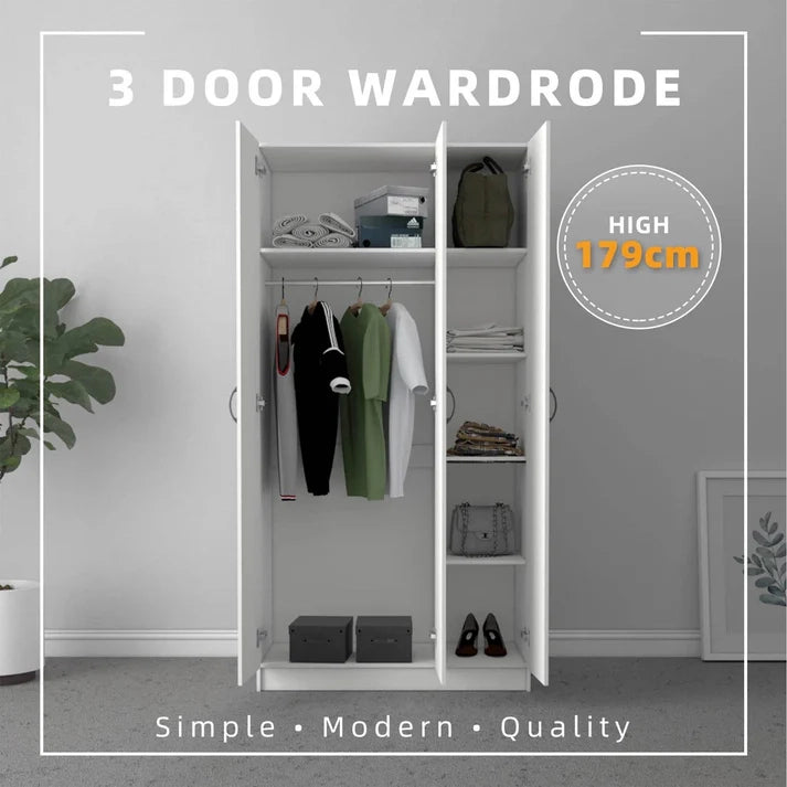 3 Door Wardrobe  (179cm)/ White Colour (L90cm x W42cm x H179cm)