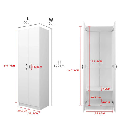 2 Door Wardrobe with Hanging Rod / White Colour (L60cm x W40cm x H179cm) - Thebrands