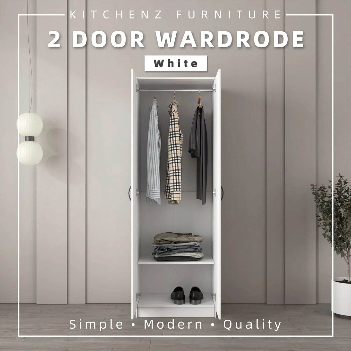 2 Door Wardrobe with Hanging Rod / White Colour (L60cm x W40cm x H179cm) - Thebrands