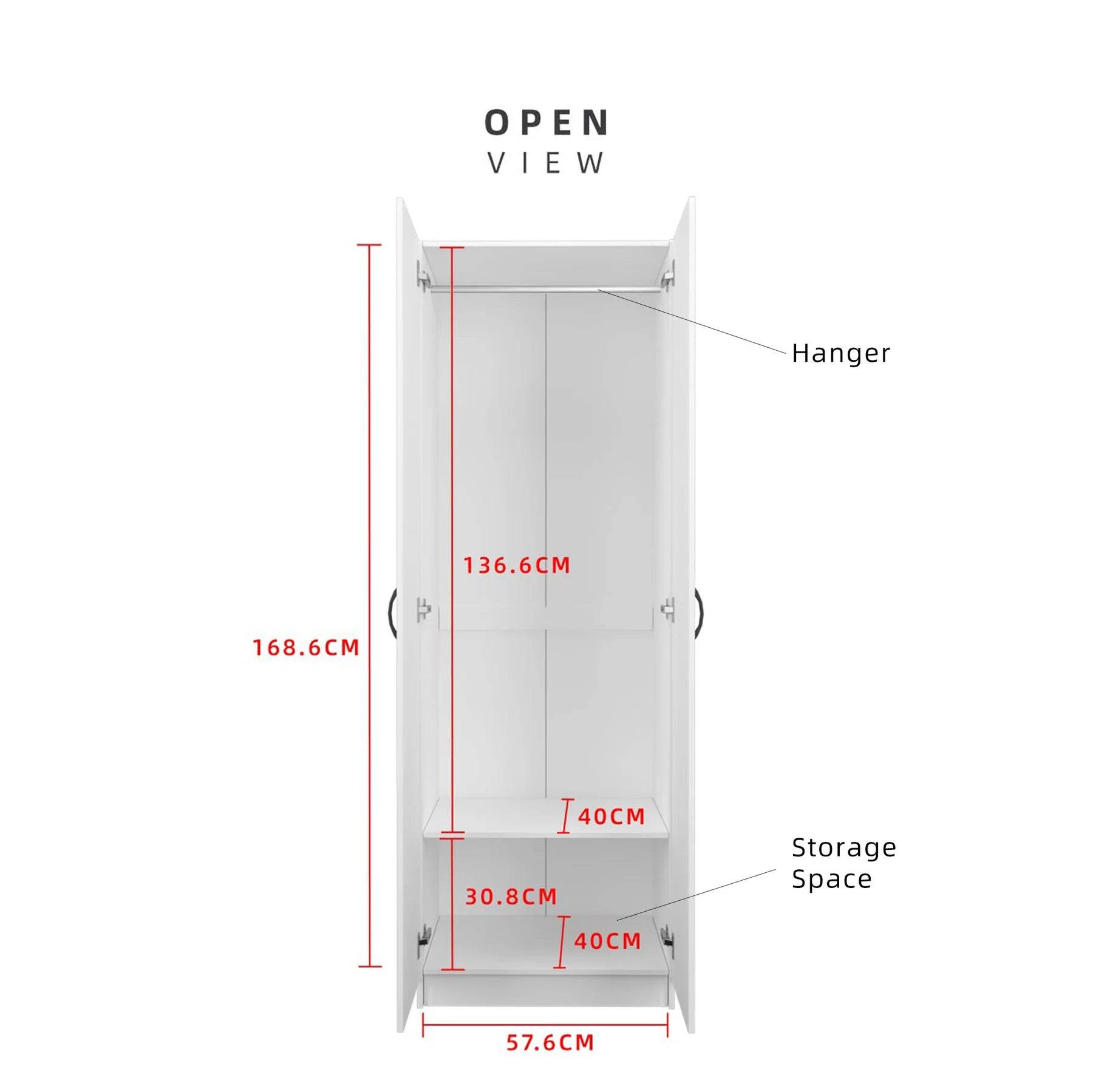 2 Door Wardrobe with Hanging Rod / White Colour (L60cm x W40cm x H179cm) - Thebrands