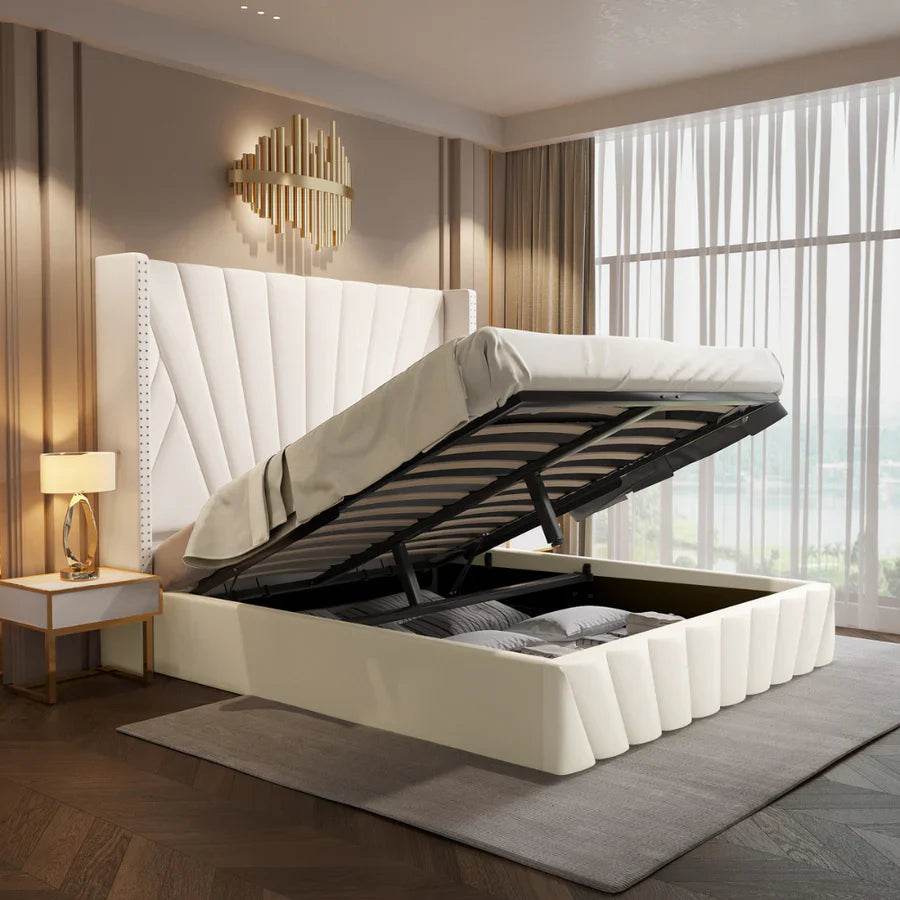 Storage King Bed PU Leather Cream White 180x200CM (VBF-03) - Thebrands