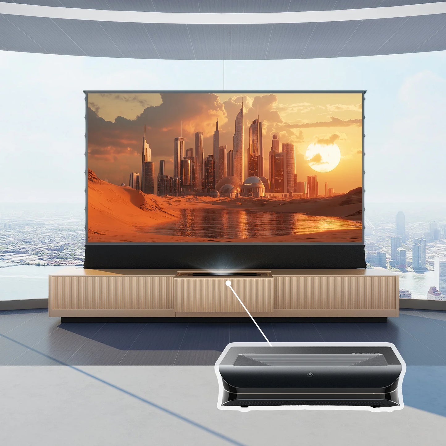 VIVIDSTORM Bundle - Projector & Screen & VIVIDSTORM Motorized Laser TV Cabinet Geneva