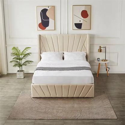 Queen Size velvet fabric Storage Bed- White (152*190)