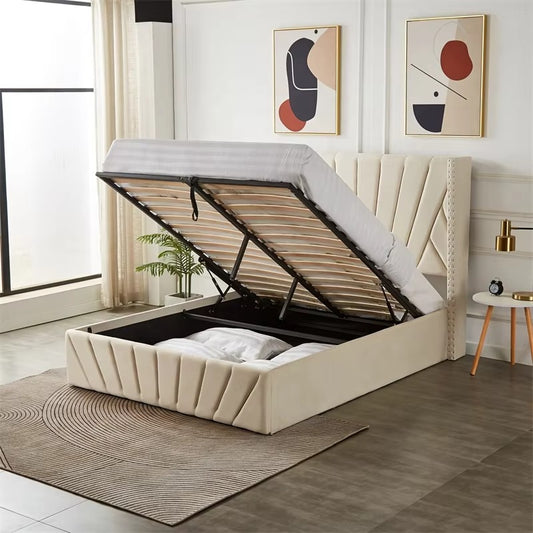 Queen Size velvet fabric Storage Bed- Cream (152*190)