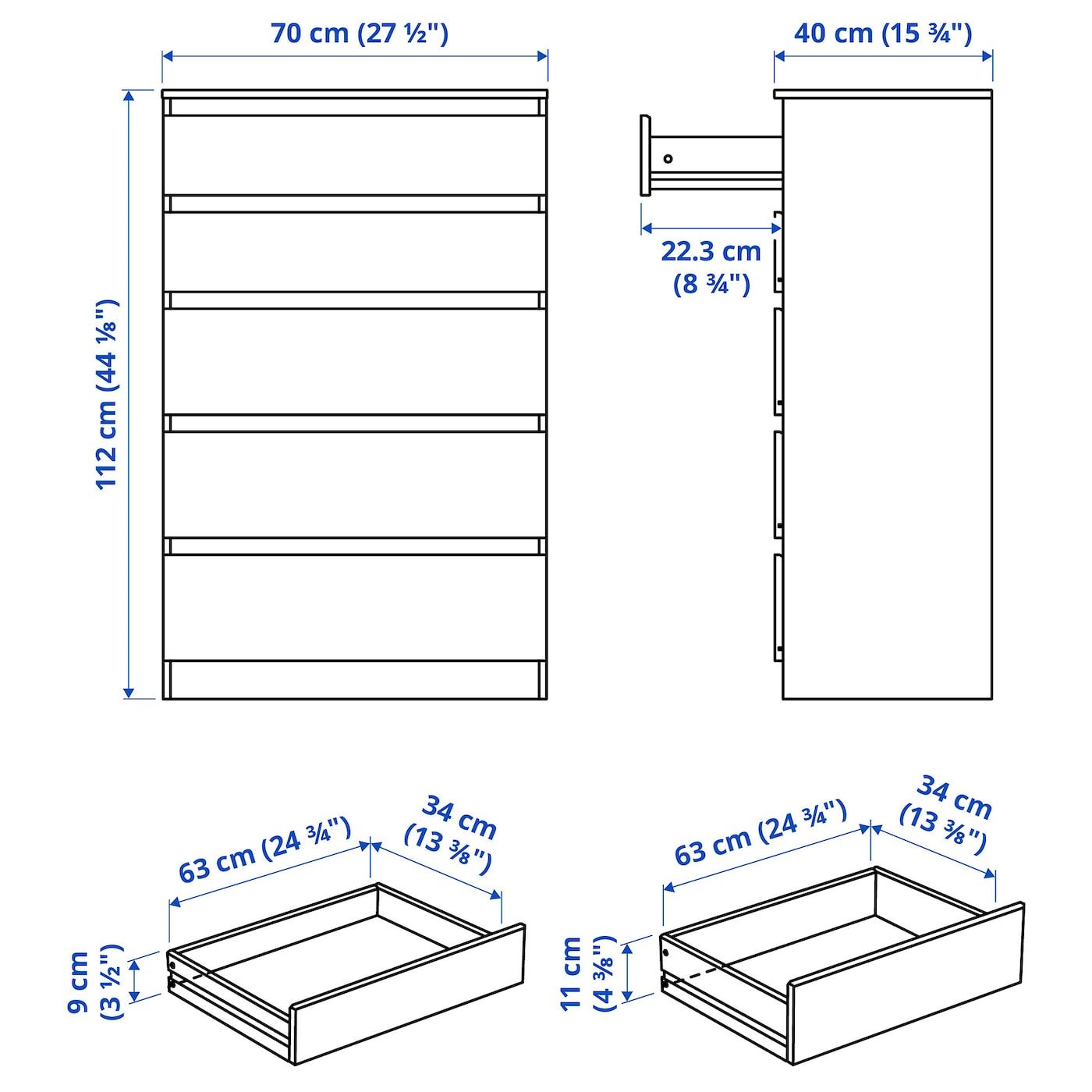 KULLEN Chest of 5 drawers, white, 70x112 cm