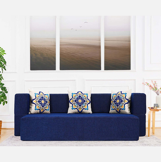 New Age Folding Sofa Bed 3 Seater with 3 Cushions Blue Medallion