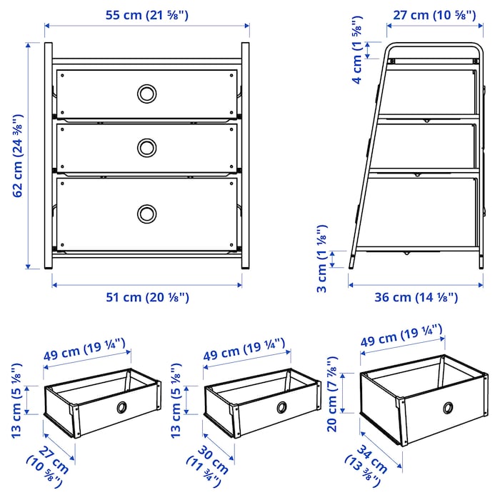 LOTE Chest of 3 drawers, white, 55x62 cm