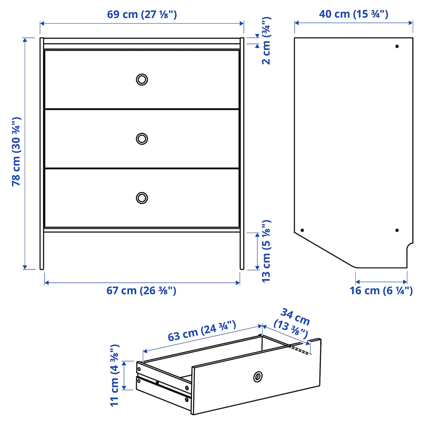 RACKNAS Chest of 3 drawers, white/wall mounted, 69x78 cm