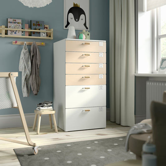 SMASTAD / PLATSA Chest of 6 drawers, white birch/white, 60x57x123 cm