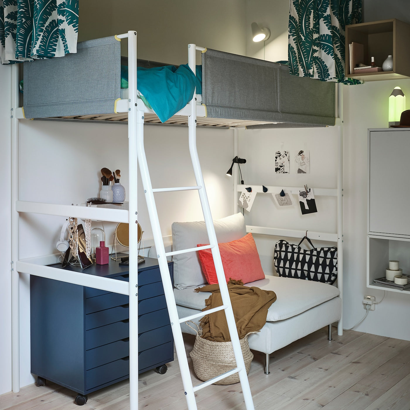 VITVAL Loft bed frame, white/light grey, 90x200 cm