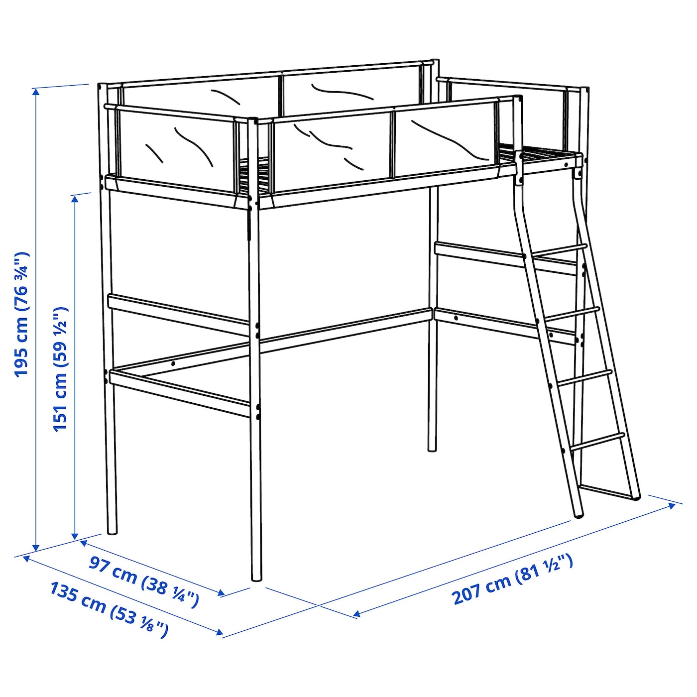 VITVAL Loft bed frame, white/light grey, 90x200 cm