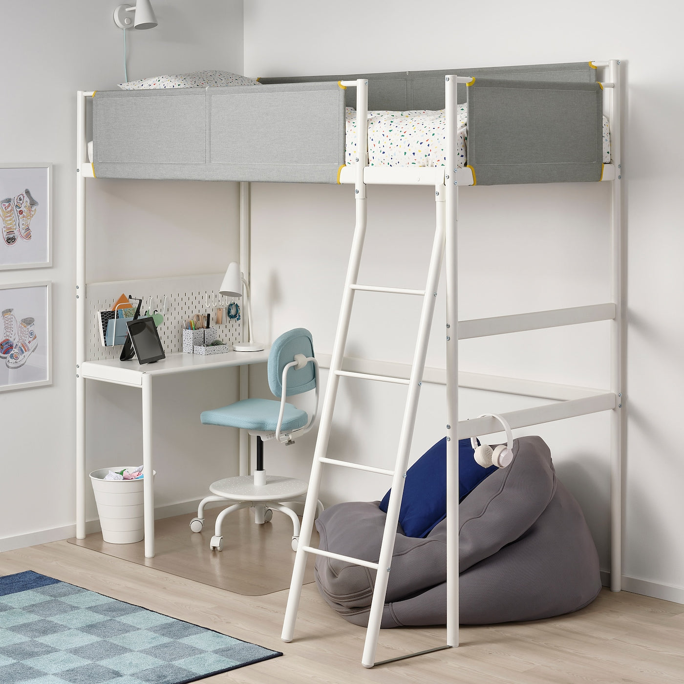 VITVAL Loft bed frame with desk top, white/light grey, 90x200 cm