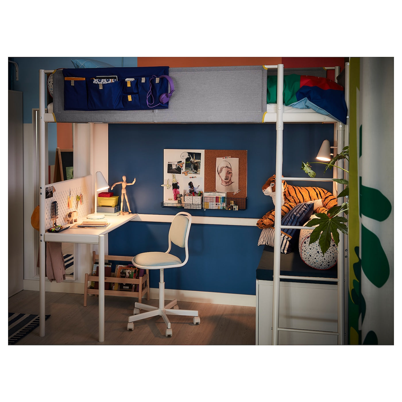 VITVAL Loft bed frame with desk top, white/light grey, 90x200 cm