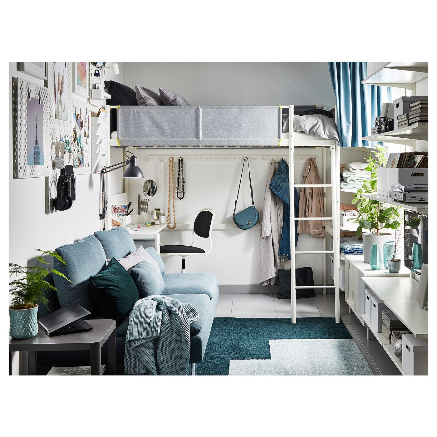 VITVAL Loft bed frame with desk top, white/light grey, 90x200 cm