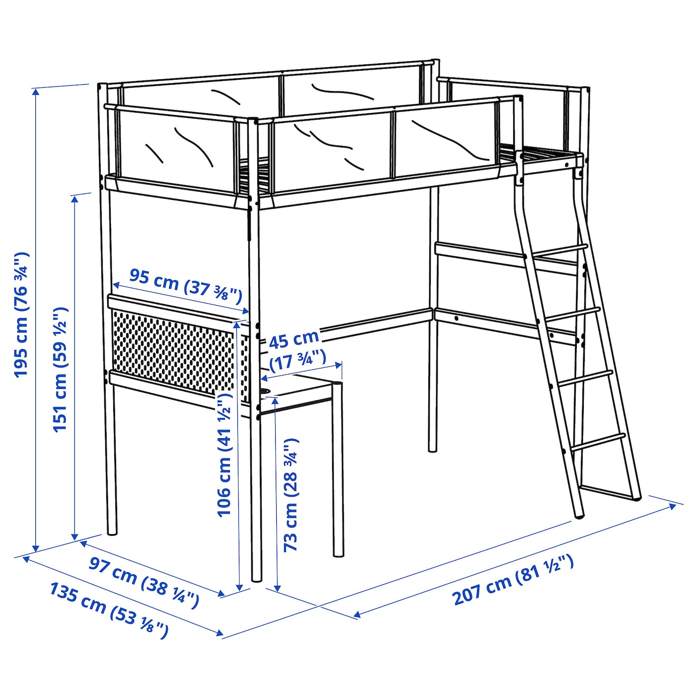 VITVAL Loft bed frame with desk top, white/light grey, 90x200 cm