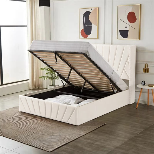 Queen Size velvet fabric Storage Bed- White (152*190)
